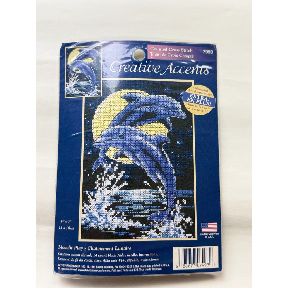 Vintage Counted Cross Stitch Kit Creative Accents Moonlit Play Dolphins